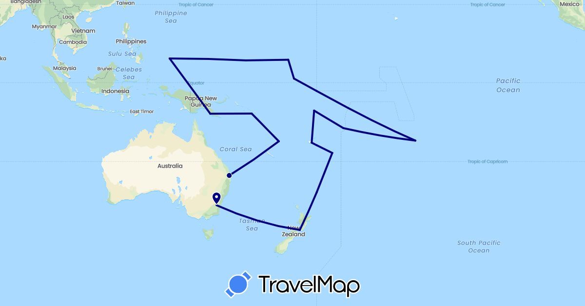 TravelMap itinerary: driving in Australia, Fiji, Micronesia, France, Kiribati, Marshall Islands, New Zealand, Papua New Guinea, Palau, Solomon Islands, Tonga, Tuvalu, Vanuatu, Samoa (Europe, Oceania)